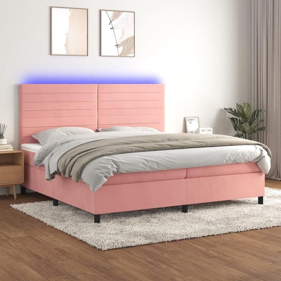VidaXL Boxspring met matras en LED Fluweel Roze 200x200 cm Boxspring Bed Led Lamp Velvet Bed Rooskleurig Bed Tweepersoons Bed Groot Bed Slaapcomfort - Foto 2