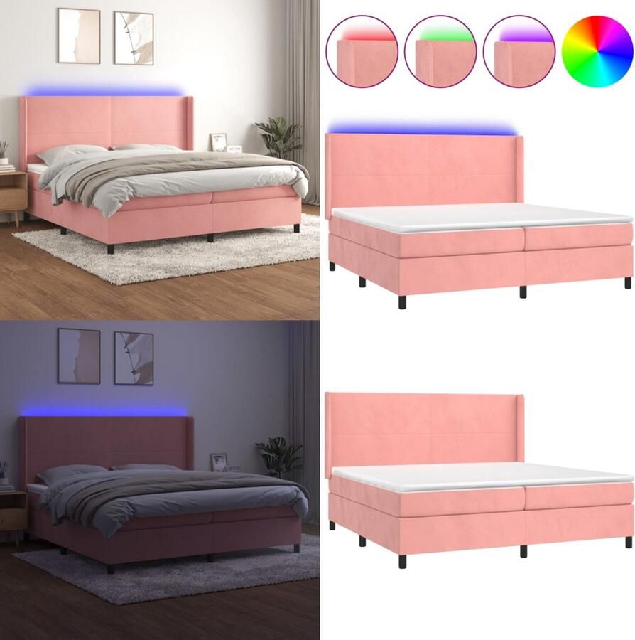VidaXL Boxspring met matras en LED fluweel roze 200x200 cm Boxspring Boxsprings Bed Slaapmeubel
