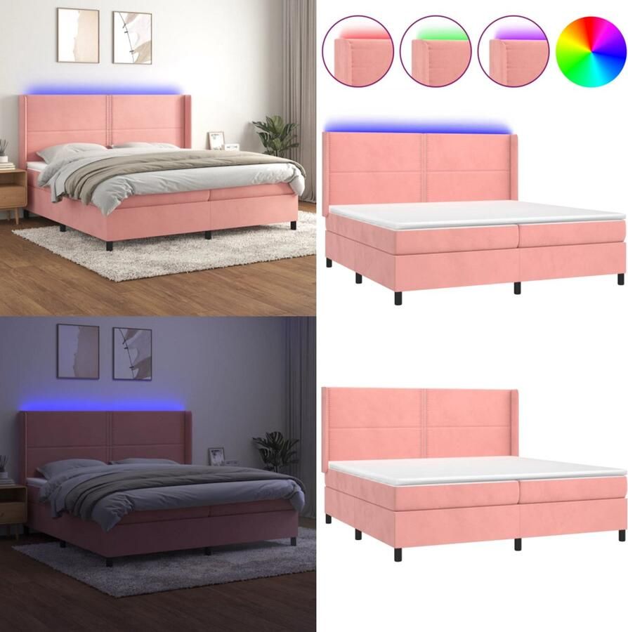 VidaXL Boxspring met matras en LED fluweel roze 200x200 cm Boxspring Boxsprings Bed Slaapmeubel