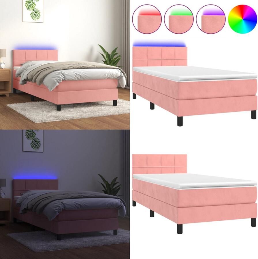 VidaXL Boxspring met matras en LED fluweel roze 90x200 cm Boxspring Boxsprings Bed Slaapmeubel