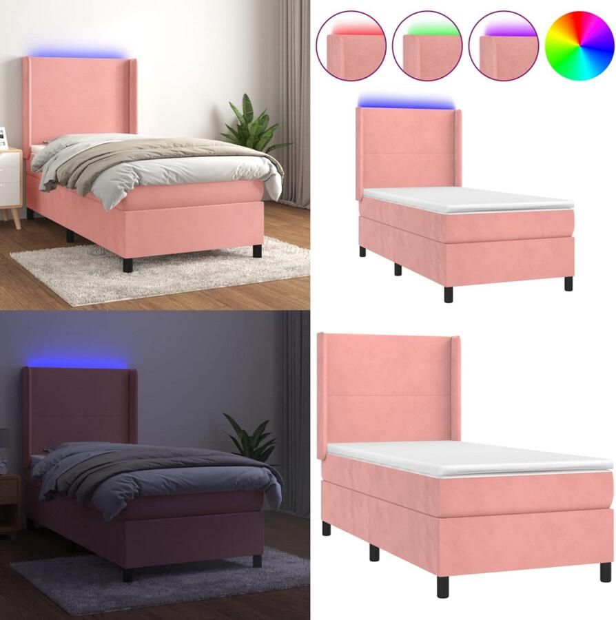 VidaXL Boxspring met matras en LED fluweel roze 90x200 cm Boxspring Boxsprings Bed Slaapmeubel