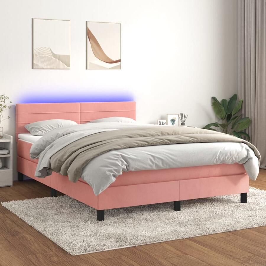 VidaXL Boxspring met matras en LED Fluweel Roze Boxspring Rozenkleurig Bed Velvet Bed Slaapcomfort Led Lampje Pocketed Spring Mattress - Foto 2