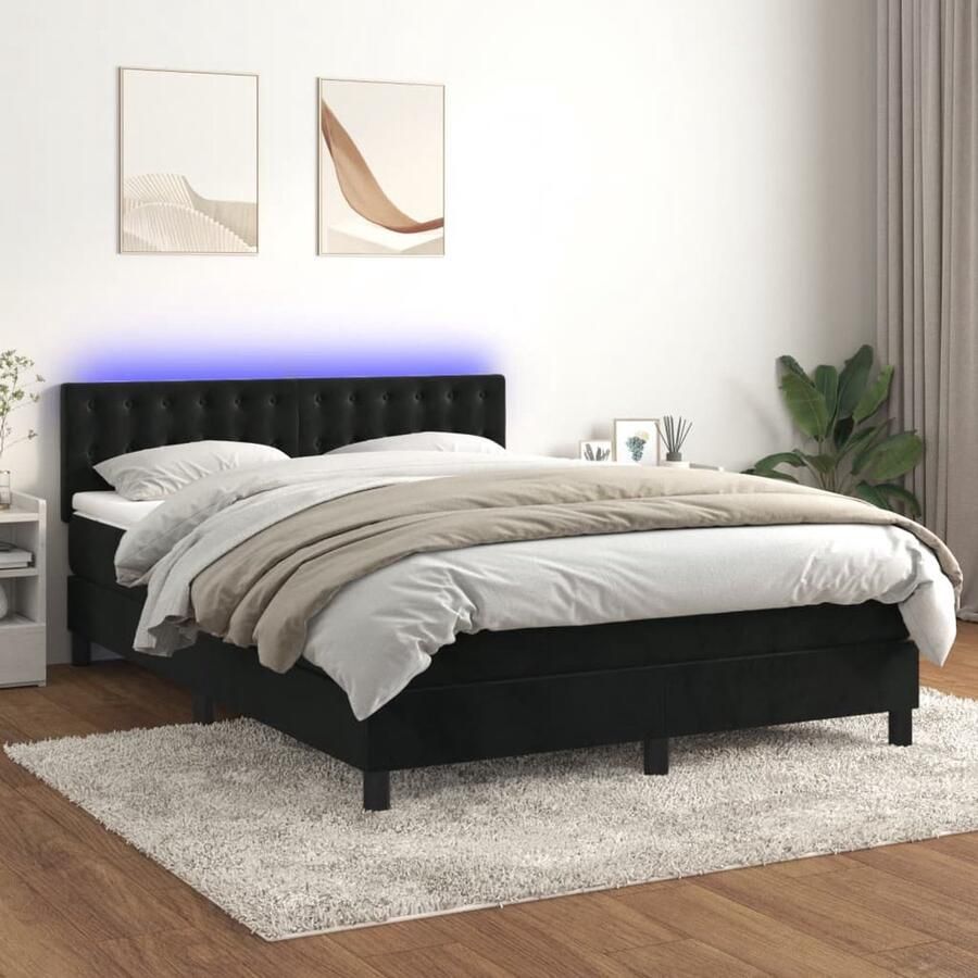 VidaXL Boxspring met matras en LED Fluweel Zwart 140x190 cm Boxspring Velvet Bed Zitzitting Led Verlichting Slaapcomfort King Size Bed Tweepersoonsbed Zwarte Bedbank - Foto 2