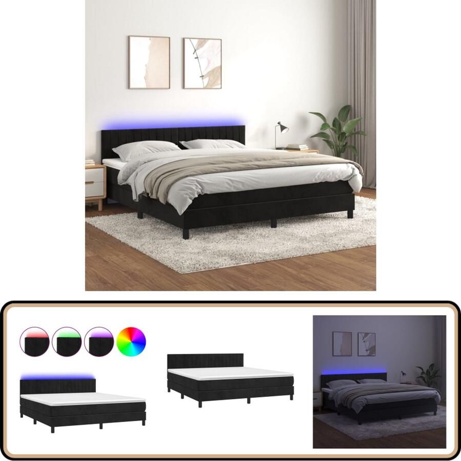 VidaXL Boxspring met matras en LED Fluweel Zwart 160x200 cm Boxspring Fluweel Bed Zwarte Boxspring Verstelbare Hoofdbord Led Lampen