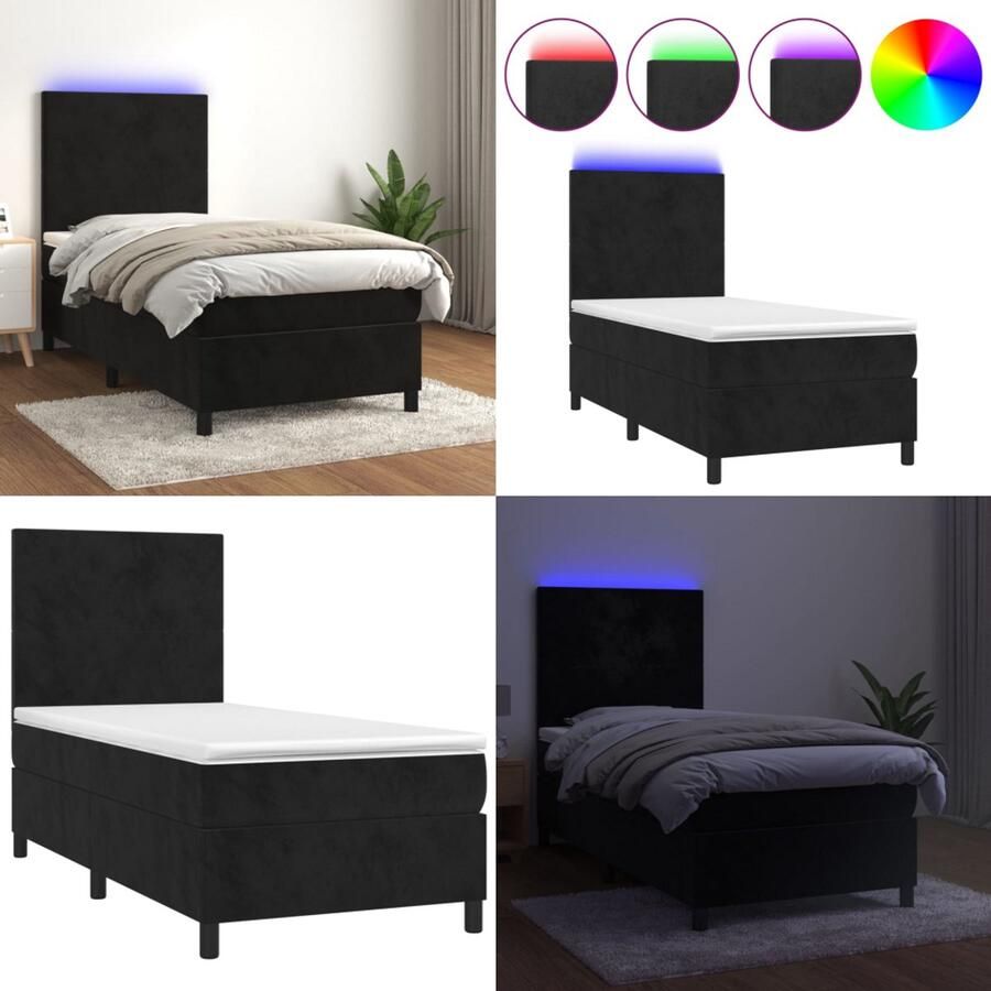 VidaXL Boxspring met matras en LED fluweel zwart 90x200 cm Boxspring Boxsprings Bed Slaapmeubel