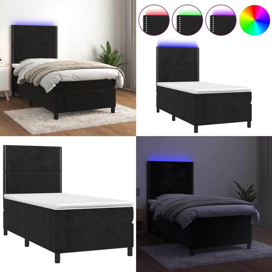 VidaXL Boxspring met matras en LED fluweel zwart 90x190 cm Boxspring Boxsprings Bed Slaapmeubel