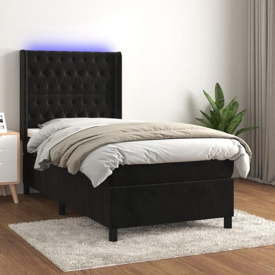 The Living Store Boxspring Zwarte fluwelen bed met verstelbaar hoofdbord Pocketvering matras Huidvriendelijk topmatras Kleurrijke LED-verlichting Afmetingen 193x93x118 128cm