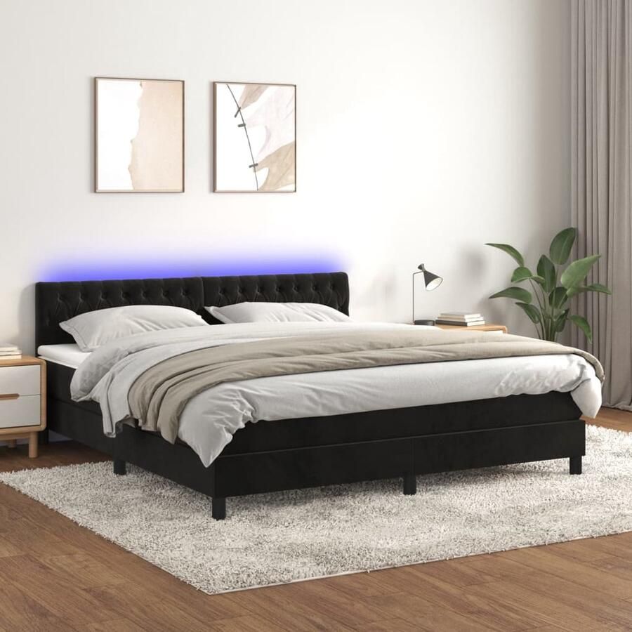 VidaXL Boxspring Met Matras en LED Fluweel Zwart Boxspring Tweepersoonsbed Velvet Bed Led Bed Zwarte Boxspring King Size Bed - Foto 2