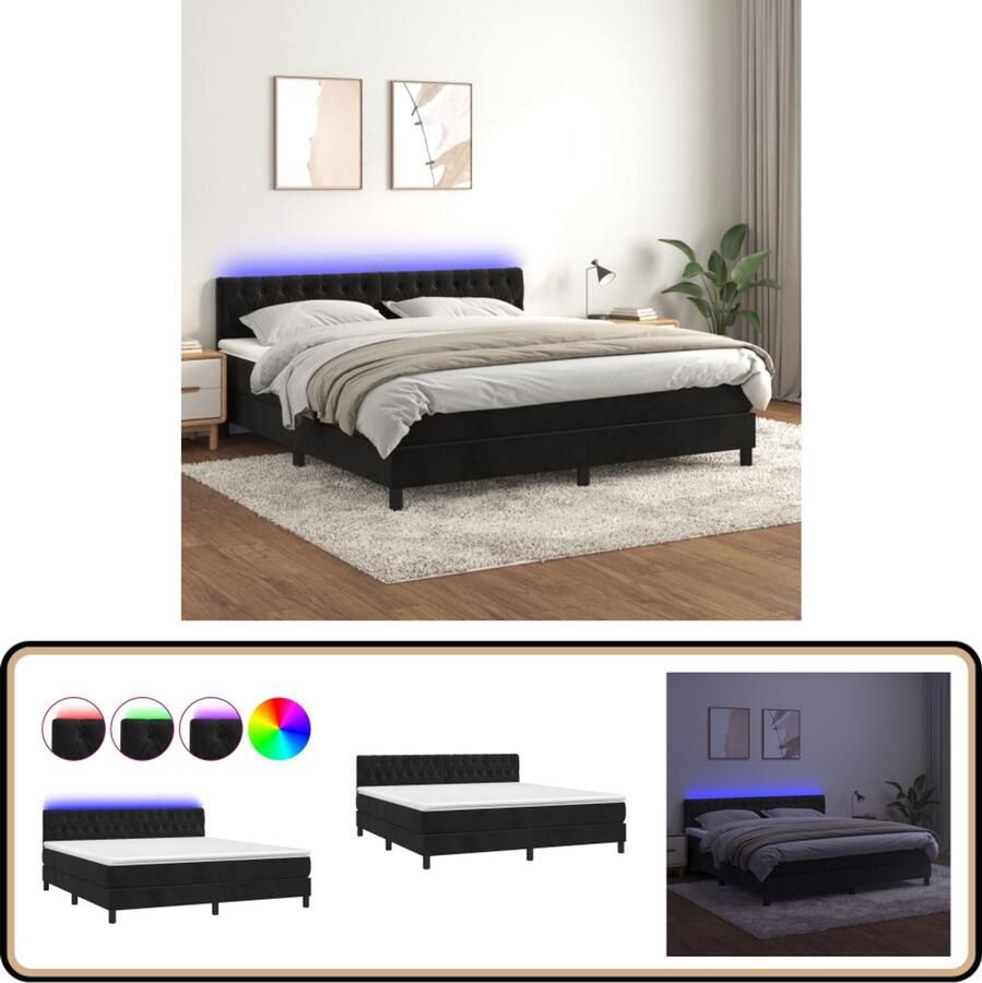 VidaXL Boxspring Met Matras en LED Fluweel Zwart Boxspring Tweepersoonsbed Velvet Bed Led Bed Zwarte Boxspring King Size Bed