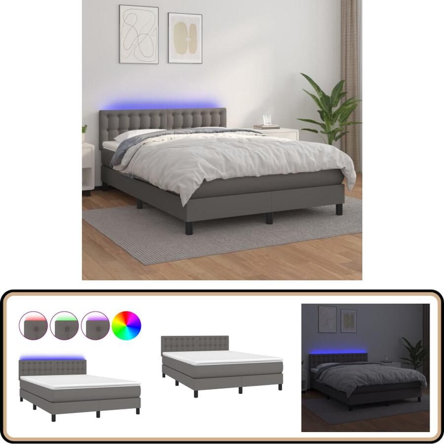 VidaXL Boxspring met matras en LED Grijs 140x190 cm Boxspring Bed Led Bed Kunstleder Bed Tweepersoons Bed King Size Bed