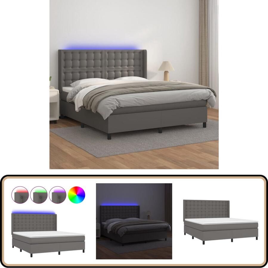 VidaXL Boxspring met matras en LED Grijs 160x200 cm Boxspring Led Bed Elektrisch Bed Kunstleder Bed Tweepersoons Bed