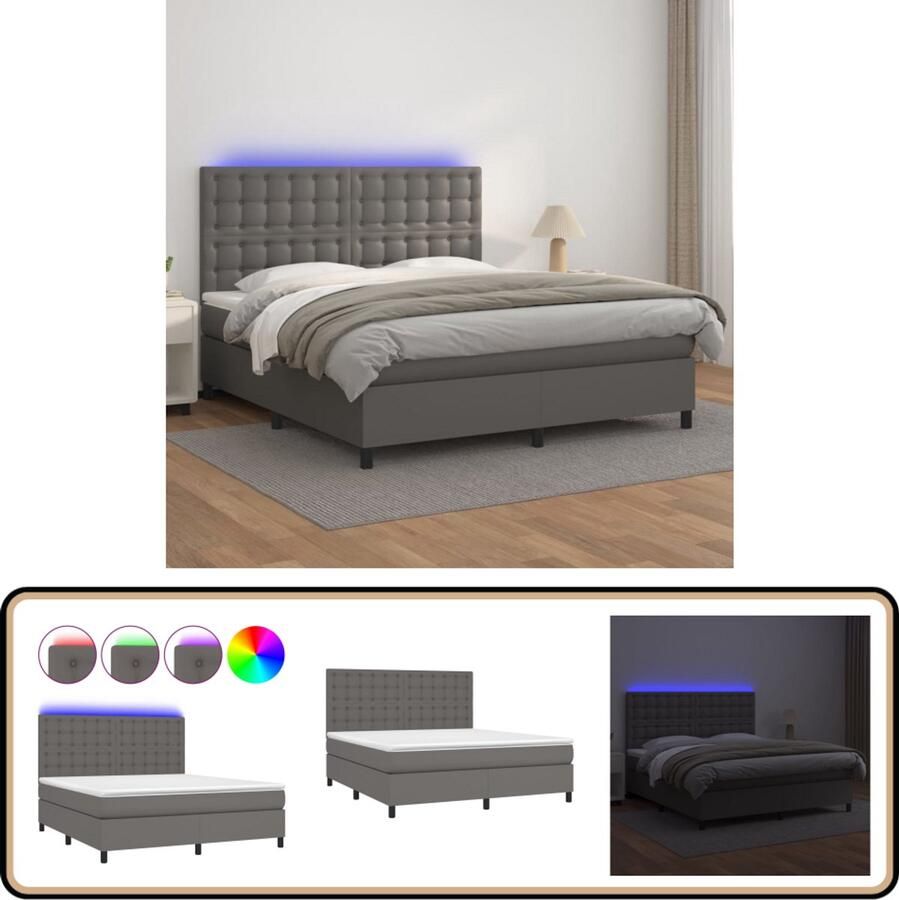 VidaXL Boxspring met LED Kunstleer Grijs 160x200 cm Boxspring Lederlook Bed Led Lampen Tweepersoonsbed King Size Bed Bedroom Furniture Slaapkamer Meubilair