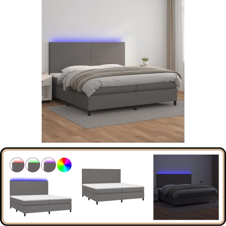 VidaXL Boxspring met Matras en LED Grijs 200x200 cm Boxspring Bed Led Lamp Kunstleder Bed Tweepersoons Bed Slaapcomfort