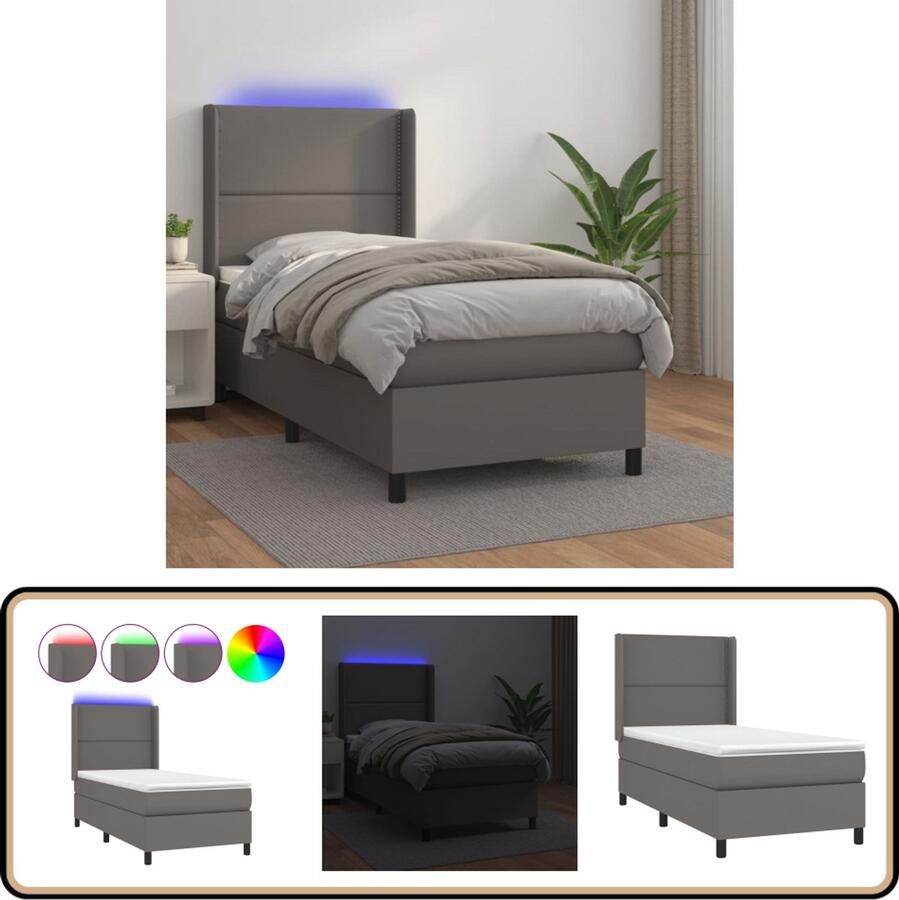 VidaXL Boxspring met matras en LED Grijs 90x190 cm Boxspring Led Boxspring Kunstleder Bed Grijs Bed Tweepersoons Bed
