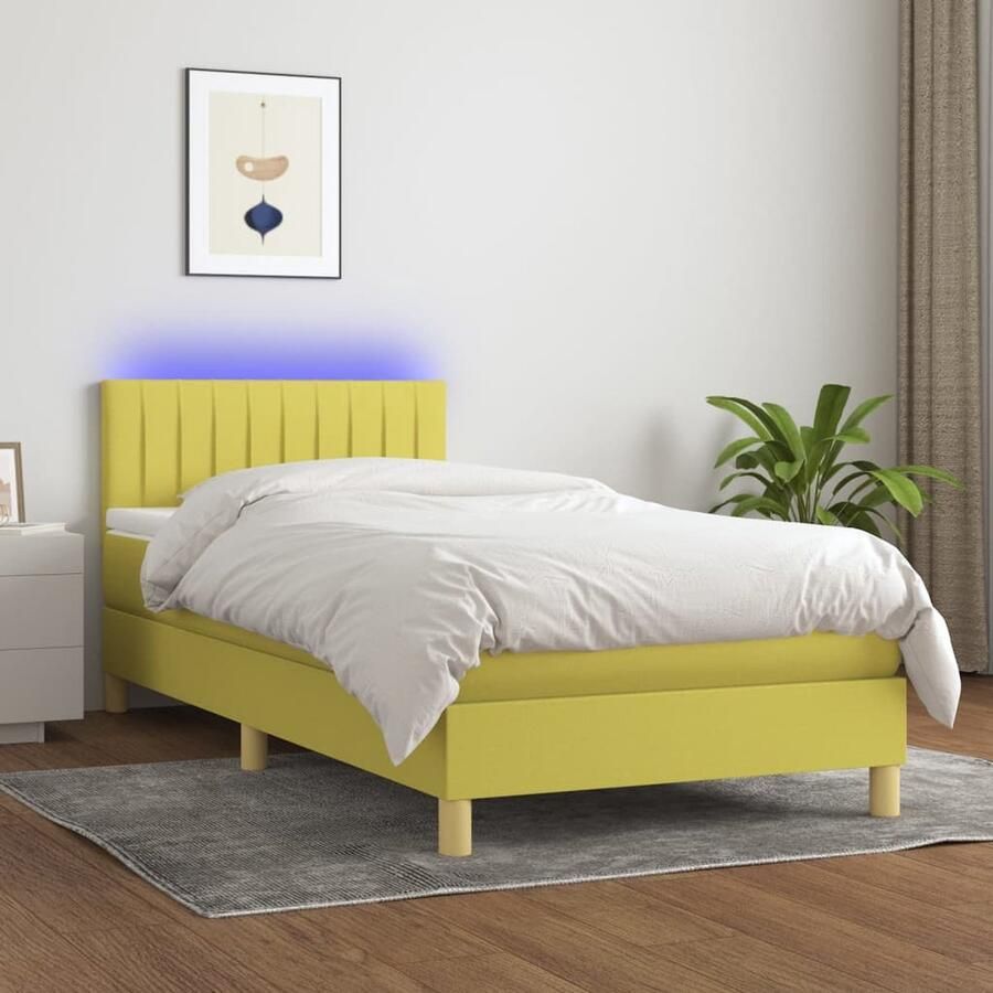 VidaXL Boxspring met Matras en LED Groen 100x200 cm Boxspring Led Lamp Groene Bed Slaapcomfort Pocketed Spring Mattress Frame Bed Headboard Adjustable - Foto 2