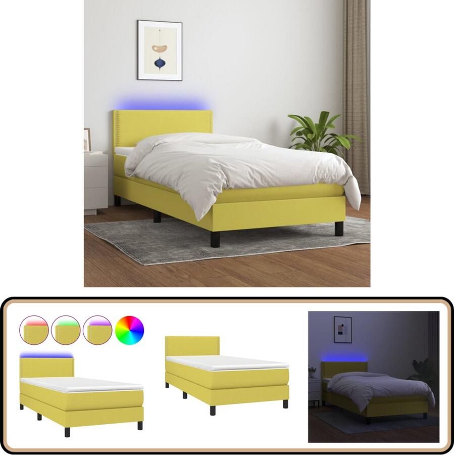 VidaXL Boxspring met matras en LED Groen 100x200 cm Boxspring Verstelbare Boxspring Led Boxspring Groene Boxspring Tweepersoons Bed Pocketveer Matras Slaapcomfort Boxspring Frame Bedroom Furniture Design Bed Luxe Bed