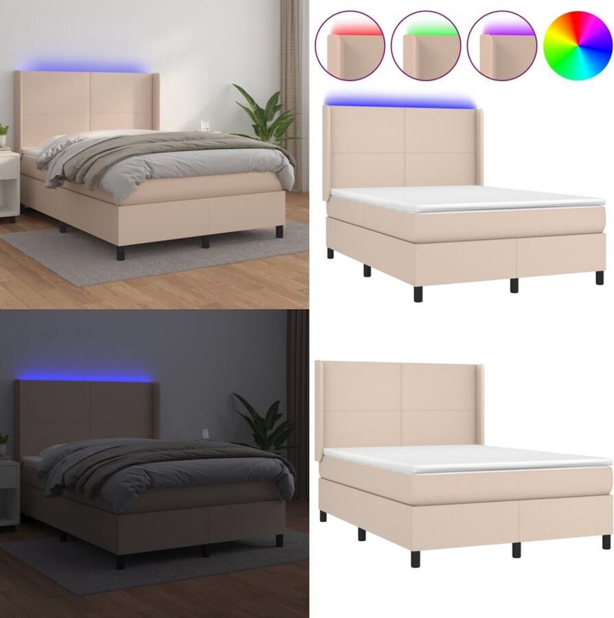 VidaXL Boxspring met matras en LED kunstleer cappuccinokleur 140x200cm Boxspring Boxsprings Bed Slaapmeubel