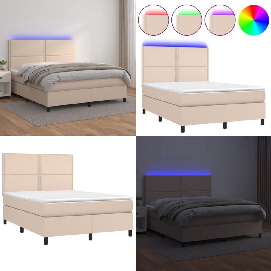 VidaXL Boxspring met matras en LED kunstleer cappuccinokleur 140x200cm Boxspring Boxsprings Bed Slaapmeubel