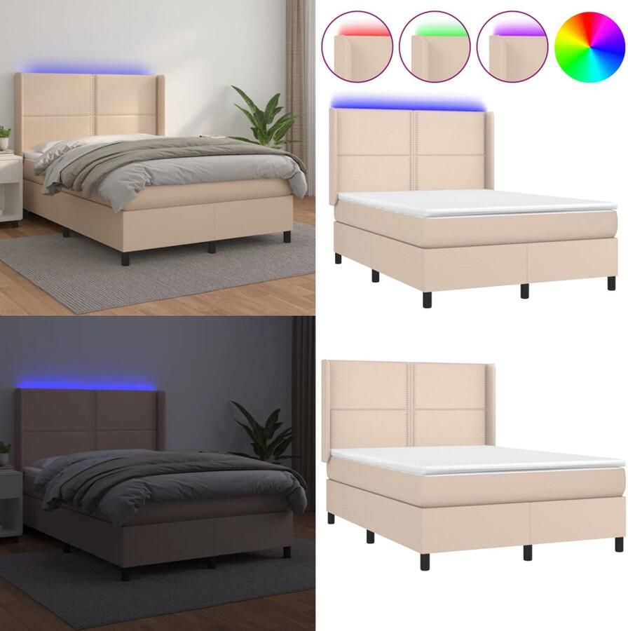 VidaXL Boxspring met matras en LED kunstleer cappuccinokleur 140x200cm Boxspring Boxsprings Bed Slaapmeubel - Foto 2