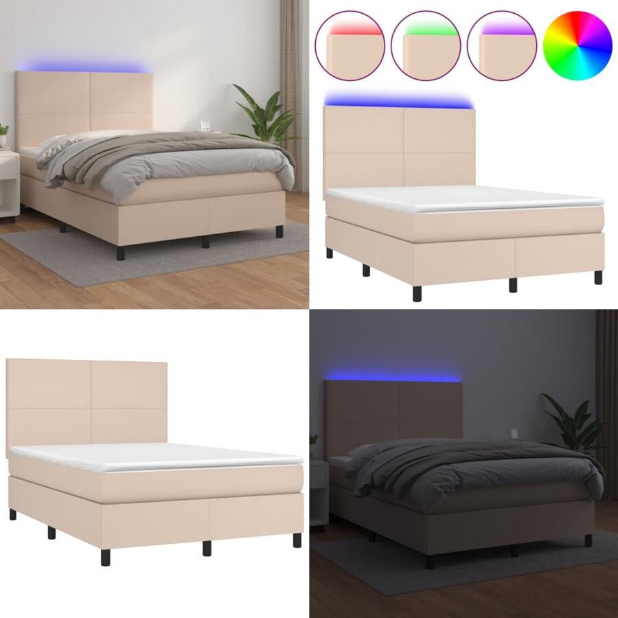VidaXL Boxspring met matras en LED kunstleer cappuccinokleur 140x200cm Boxspring Boxsprings Bed Slaapmeubel