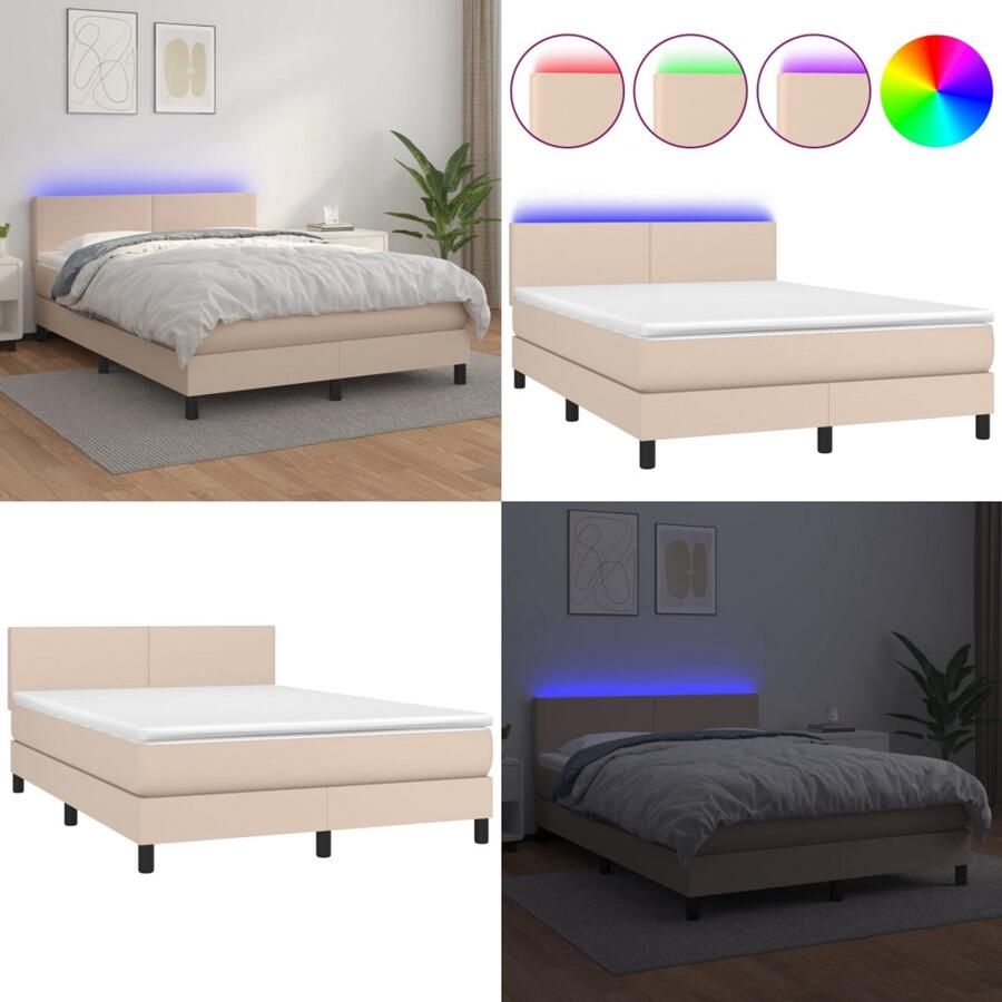 VidaXL Boxspring met matras en LED kunstleer cappuccinokleur 140x200cm Boxspring Boxsprings Bed Slaapmeubel