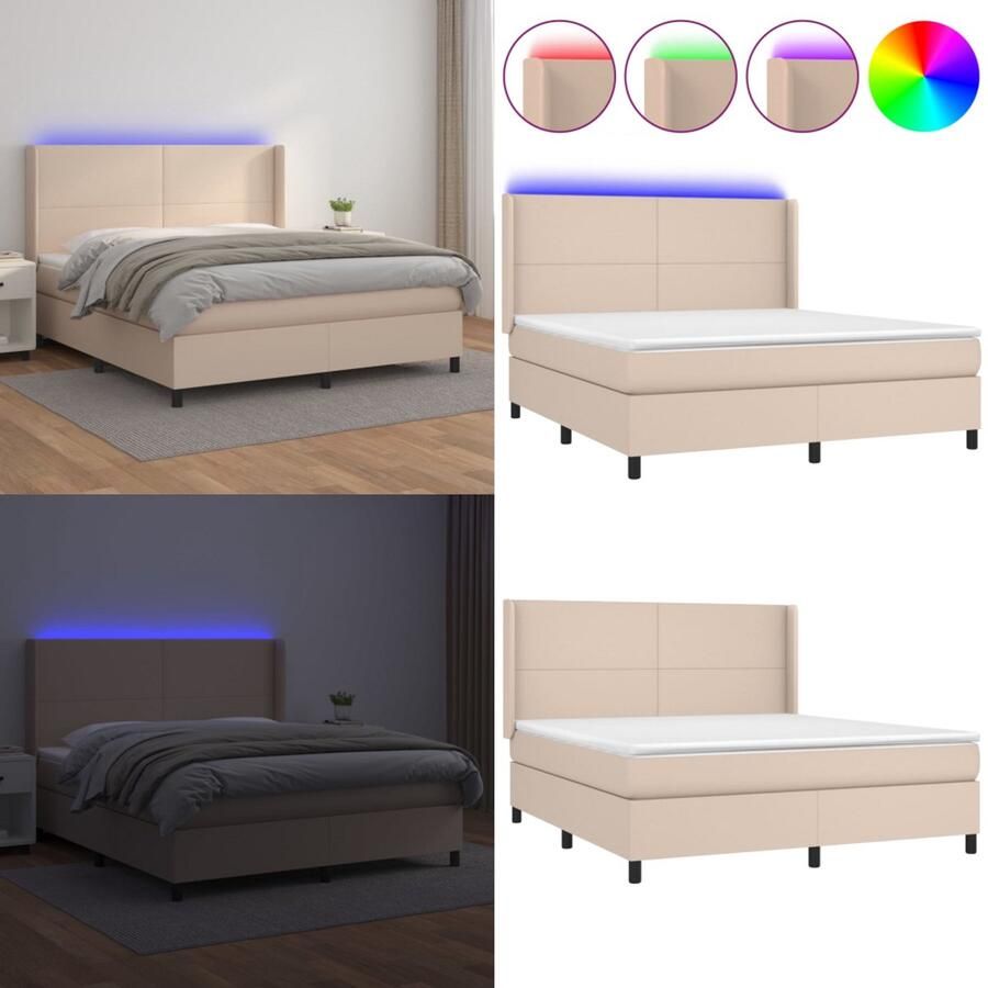 VidaXL Boxspring met matras en LED kunstleer cappuccinokleur 160x200cm Boxspring Boxsprings Bed Slaapmeubel