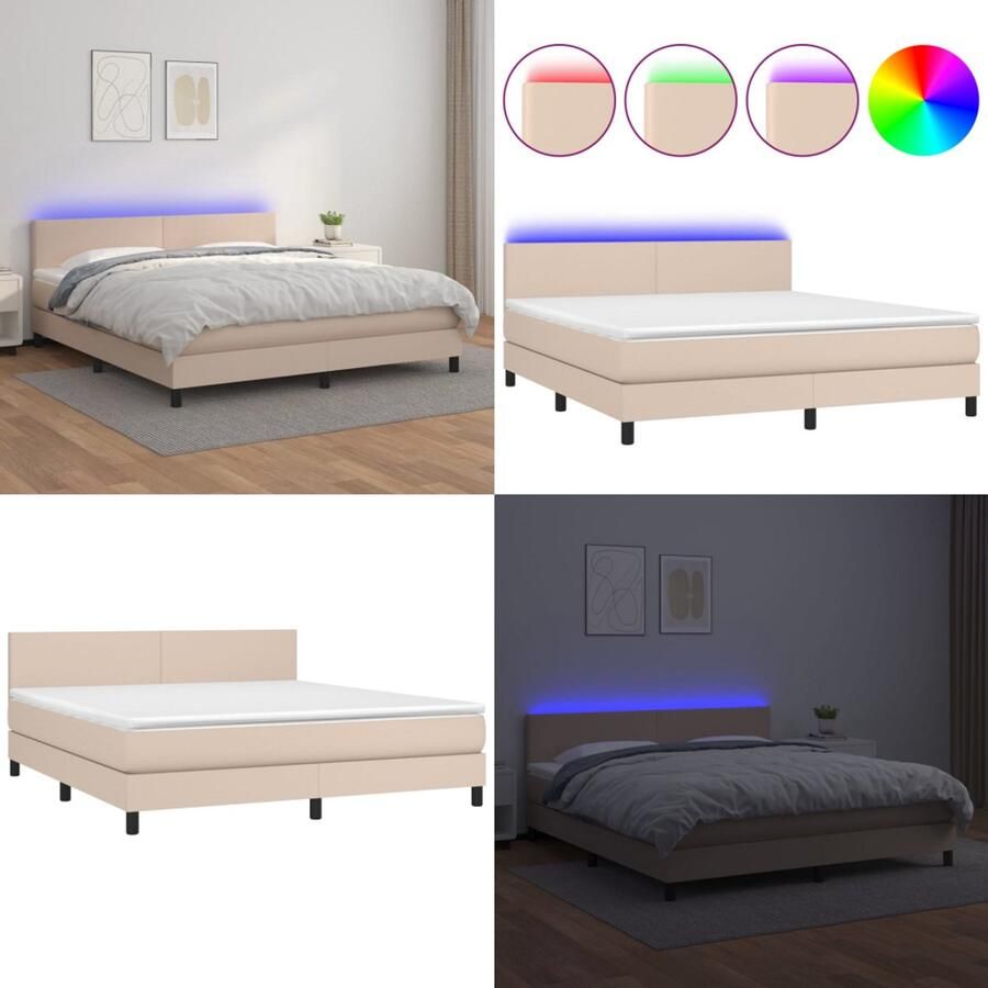 VidaXL Boxspring met matras en LED kunstleer cappuccinokleur 160x200cm Boxspring Boxsprings Bed Slaapmeubel