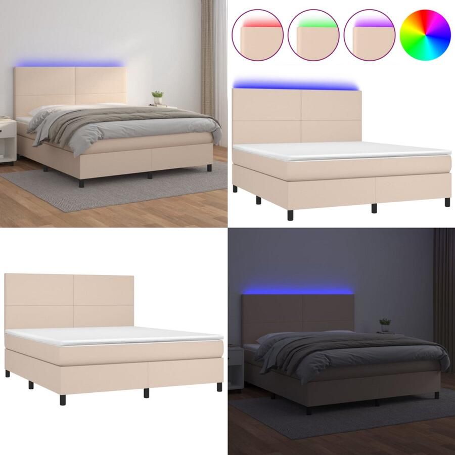 VidaXL Boxspring met matras en LED kunstleer cappuccinokleur 160x200cm Boxspring Boxsprings Bed Slaapmeubel