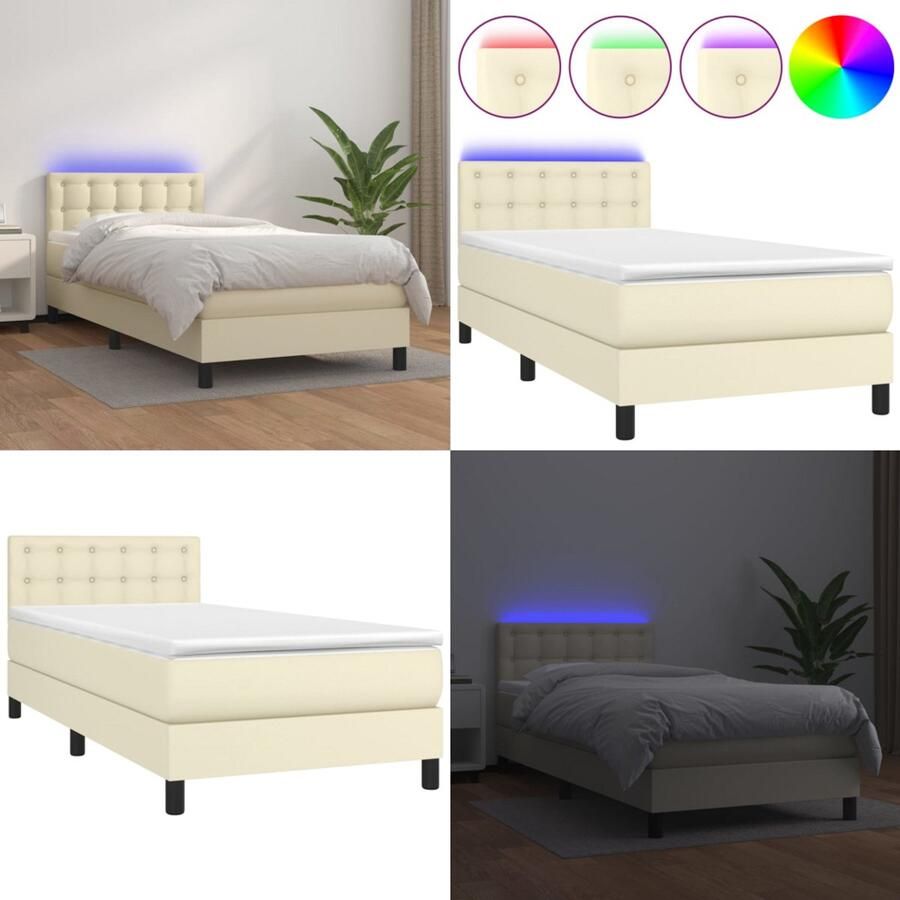 VidaXL Boxspring met matras en LED kunstleer crèmekleurig 90x200 cm Boxspring Boxsprings Bed Slaapmeubel