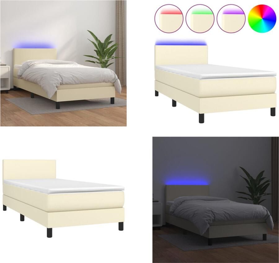 VidaXL Boxspring met matras en LED kunstleer crèmekleurig 90x200 cm Boxspring Boxsprings Bed Slaapmeubel - Foto 2