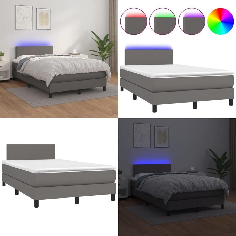 VidaXL Boxspring met matras en LED kunstleer grijs 120x200 cm Boxspring Boxsprings Bed Slaapmeubel