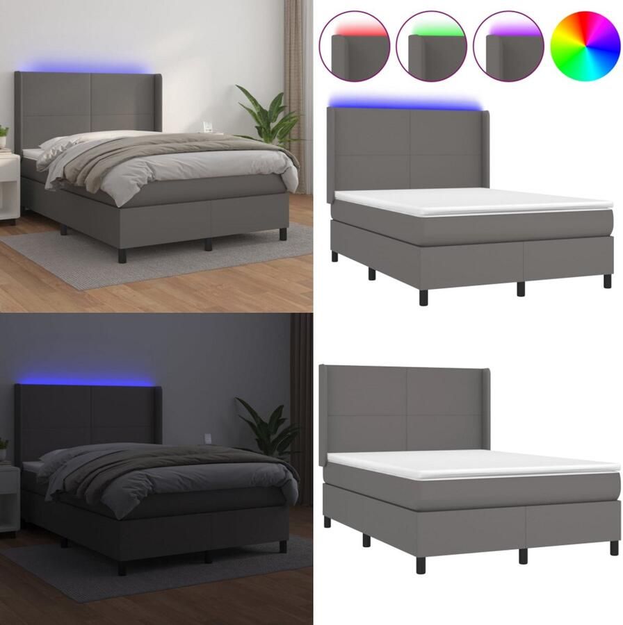 VidaXL Boxspring met matras en LED kunstleer grijs 140x200 cm Boxspring Boxsprings Bed Slaapmeubel
