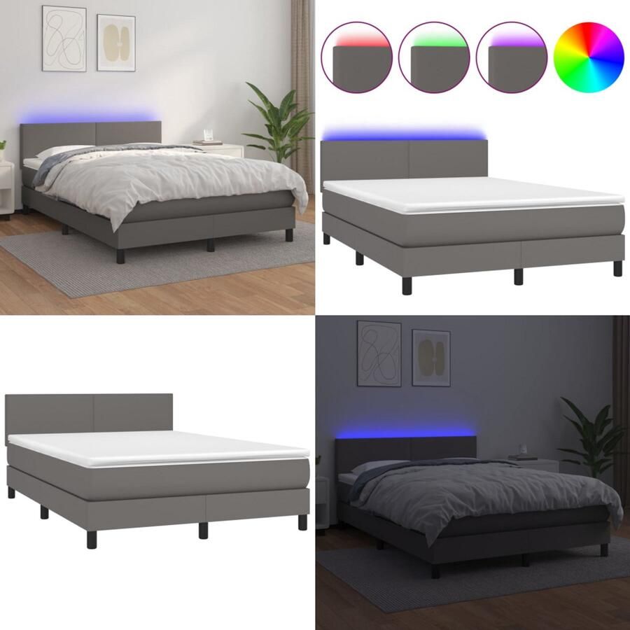 VidaXL Boxspring met matras en LED kunstleer grijs 140x200 cm Boxspring Boxsprings Bed Slaapmeubel