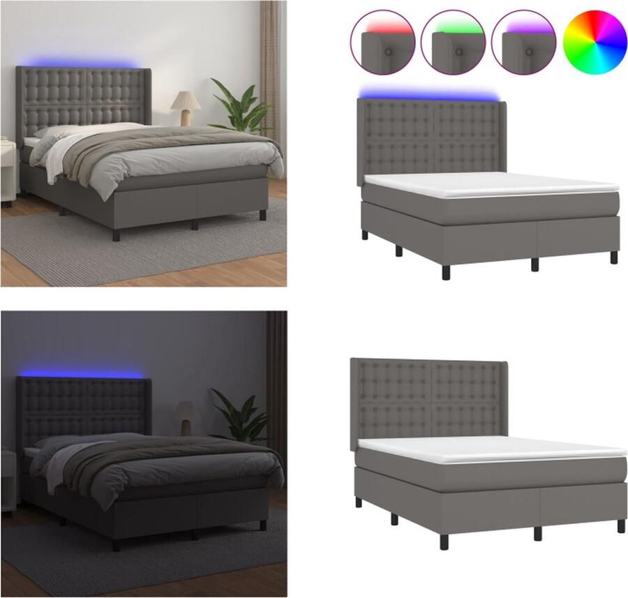 VidaXL Boxspring met matras en LED kunstleer grijs 140x200 cm Boxspring Boxsprings Bed Slaapmeubel - Foto 2