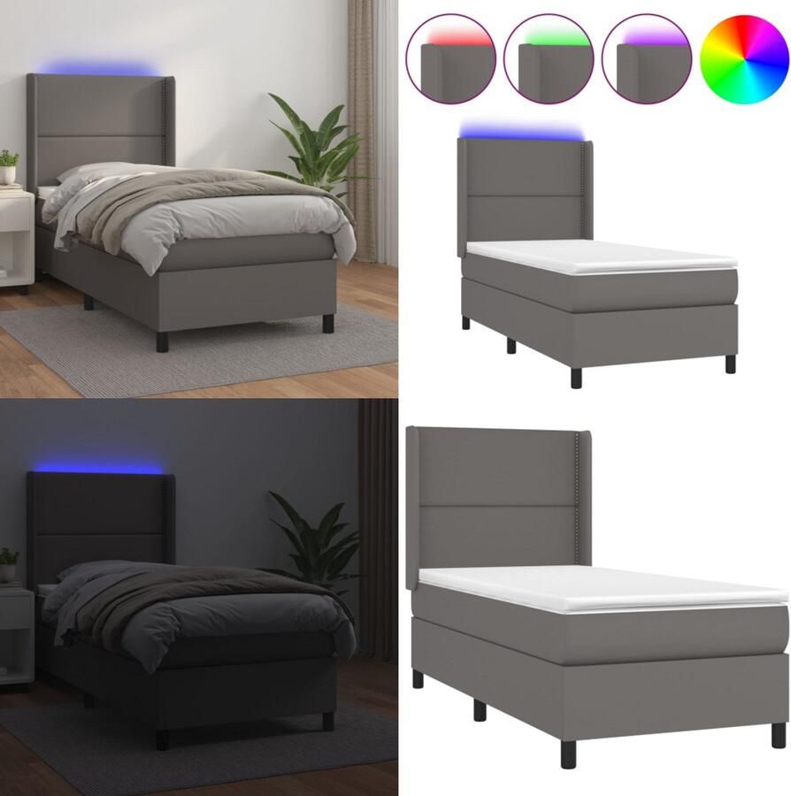 VidaXL Boxspring met matras en LED kunstleer grijs 90x190 cm Boxspring Boxsprings Bed Slaapmeubel