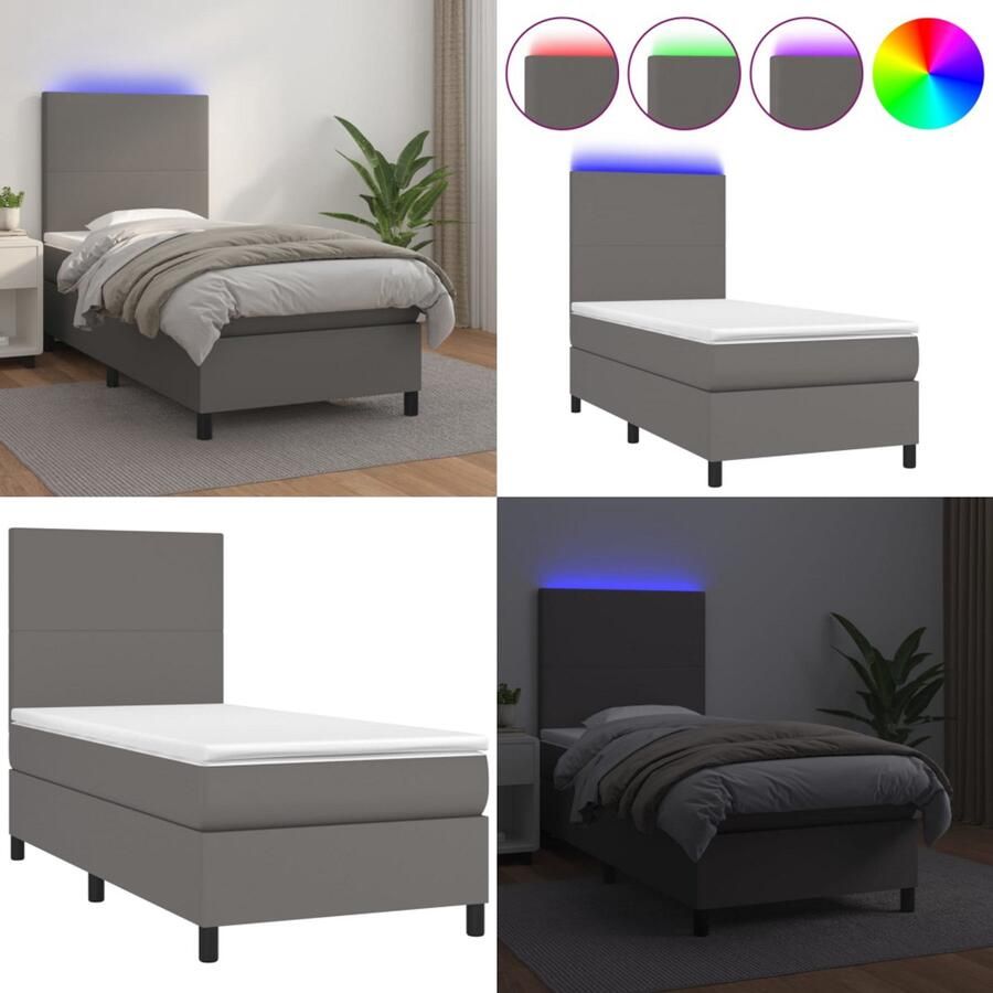VidaXL Boxspring met matras en LED kunstleer grijs 90x190 cm Boxspring Boxsprings Bed Slaapmeubel