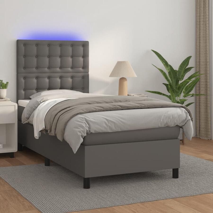 VidaXL Boxspring met Matras en LED Kunstleer Grijs Boxspring Bed Led Verlichting Kunstleder Verstelbare Hoofdbord Pocketveer Matras Huidgevend Topmatras Grijze Boxspring - Foto 2