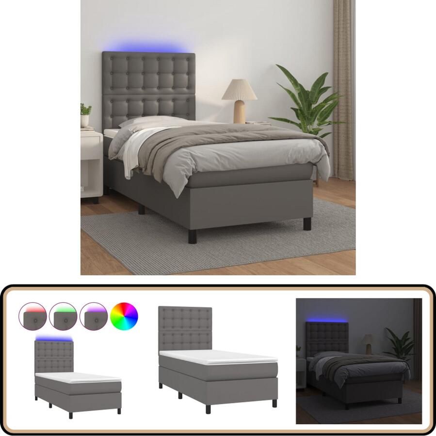 VidaXL Boxspring met Matras en LED Kunstleer Grijs Boxspring Bed Led Verlichting Kunstleder Verstelbare Hoofdbord Pocketveer Matras Huidgevend Topmatras Grijze Boxspring
