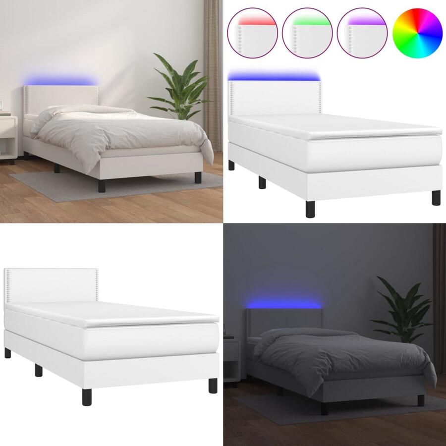 VidaXL Boxspring met matras en LED kunstleer wit 100x200 cm Boxspring Boxsprings Bed Slaapmeubel