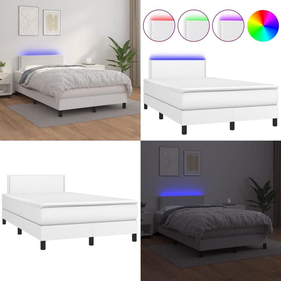 VidaXL Boxspring met matras en LED kunstleer wit 120x200 cm Boxspring Boxsprings Bed Slaapmeubel