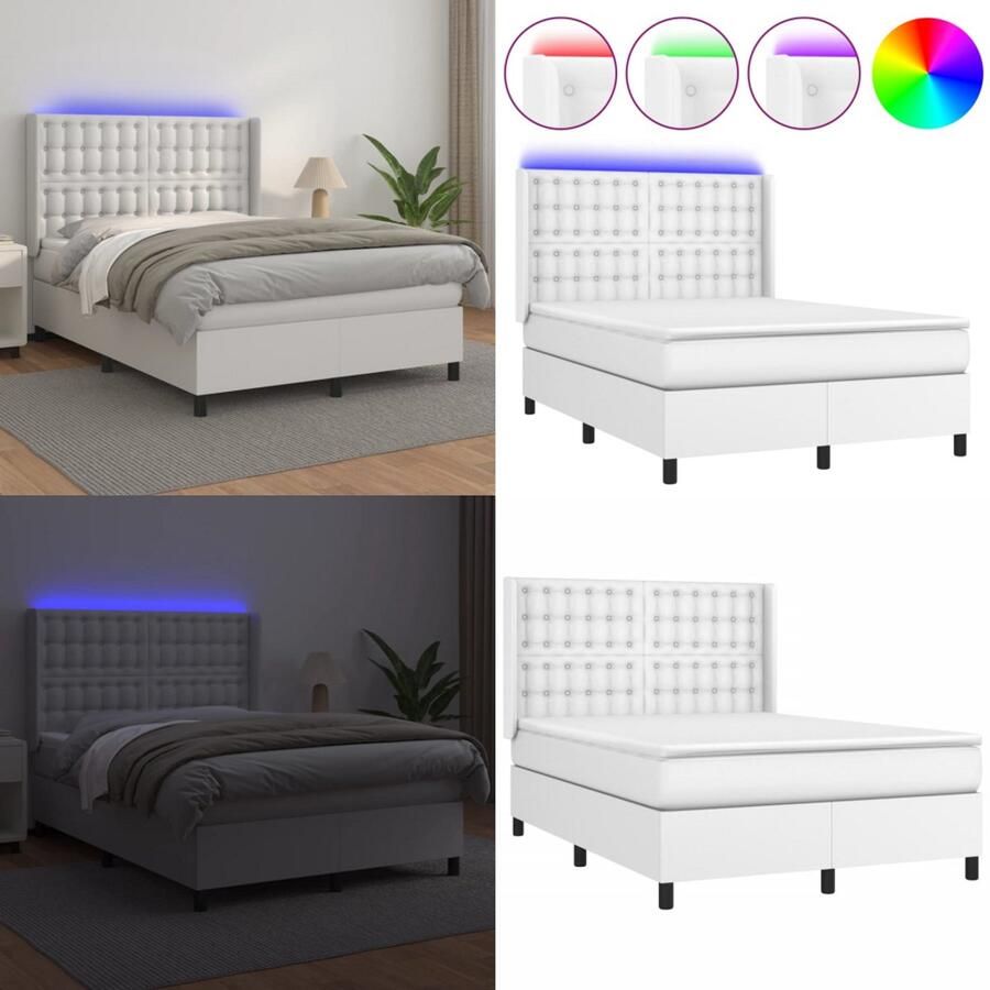 VidaXL Boxspring met matras en LED kunstleer wit 140x200 cm Boxspring Boxsprings Bed Slaapmeubel