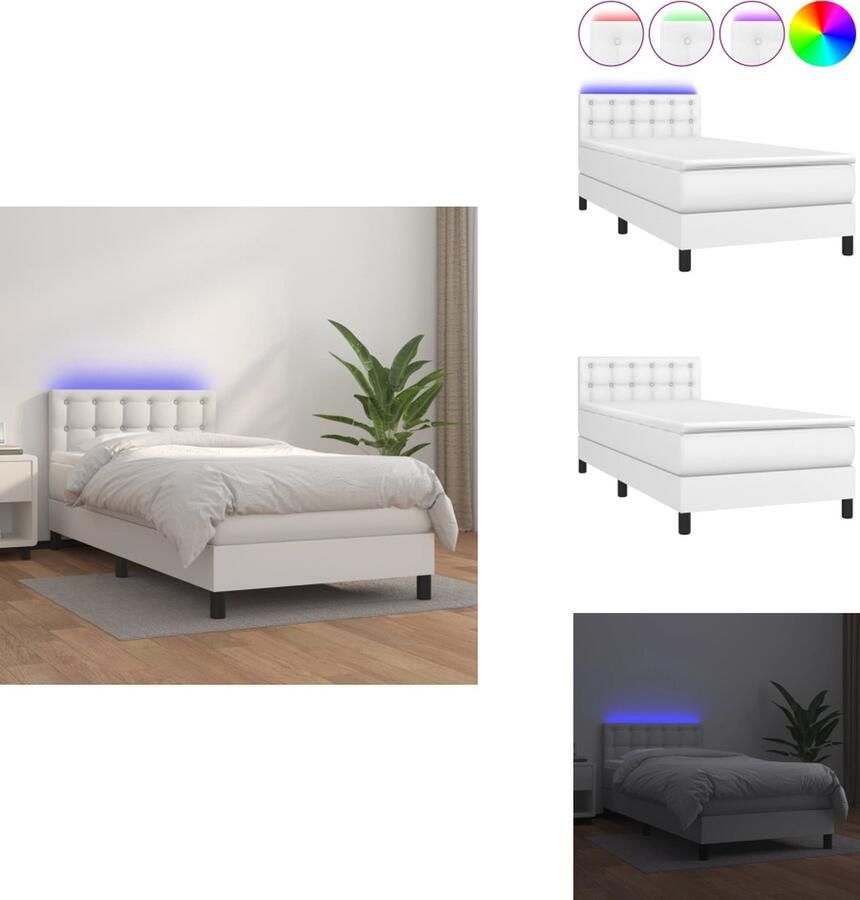 Vida XL Boxspring met matras en LED kunstleer wit 90x200 cm SKU: V3134142 - Foto 3