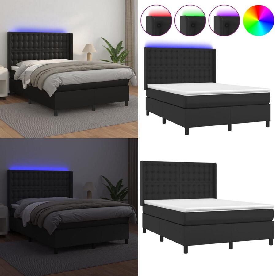 VidaXL Boxspring met matras en LED kunstleer zwart 140x200 cm Boxspring Boxsprings Bed Slaapmeubel