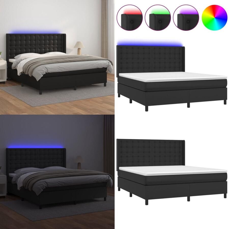 VidaXL Boxspring met matras en LED kunstleer zwart 160x200 cm Boxspring Boxsprings Bed Slaapmeubel