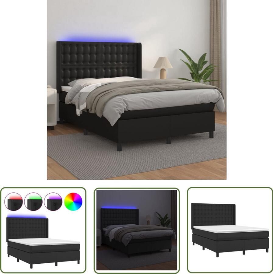 VidaXL Boxspring Met Matras en LED Kunstleer Zwart Boxspring Bed Led Lamp Kunstleder Bed Slaapcomfort Hoofdbord Design Bed Tweepersoons Bed