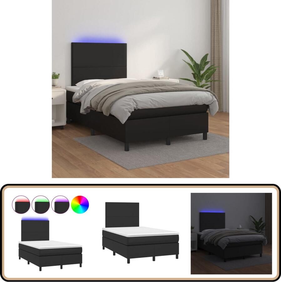 VidaXL Boxspring met matras en LED Kunstleer Zwart Boxspring Bed Led Verlichting Kunstleder Pocketvering Tweepersoonsbed