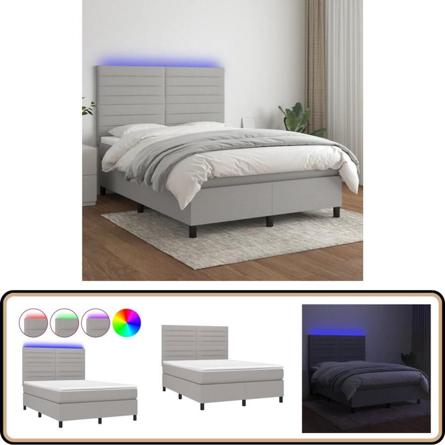 VidaXL Boxspring Met Matras en LED Lichtgrijs 140x190 cm Boxspring Bed Led Lamp Grijs Bed Pocketed Spring Mattress Comfortabel Bed Slaapcomfort Bedroom Furniture