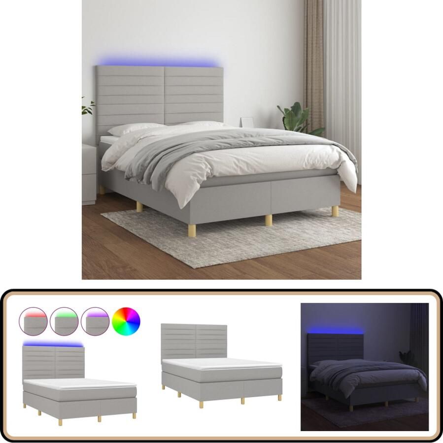 VidaXL Boxspring met matras en LED Lichtgrijs 140x190 cm Boxspring Verstelbare Hoofdbord Led Verlichting Pocketvering Matras Huidgevend Topmatras