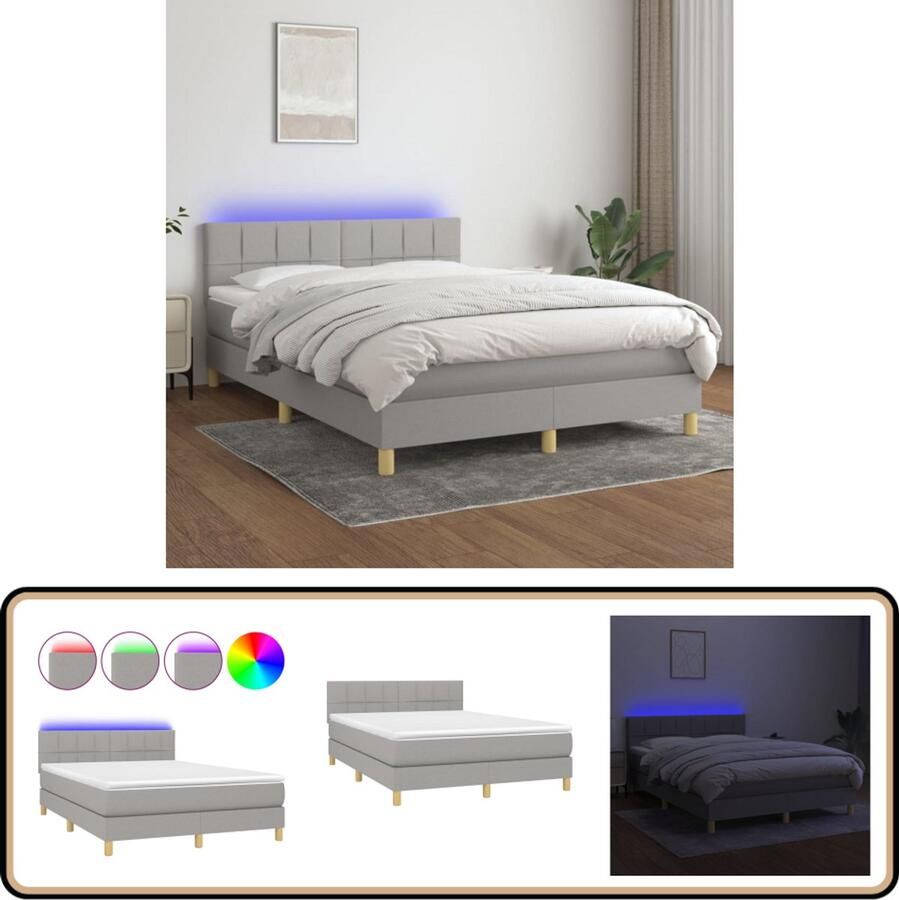 VidaXL Boxspring met matras en LED Lichtgrijs 140x200 cm Boxspring Led Boxspring Slaapcomfort Boxspring Frame Lederlook
