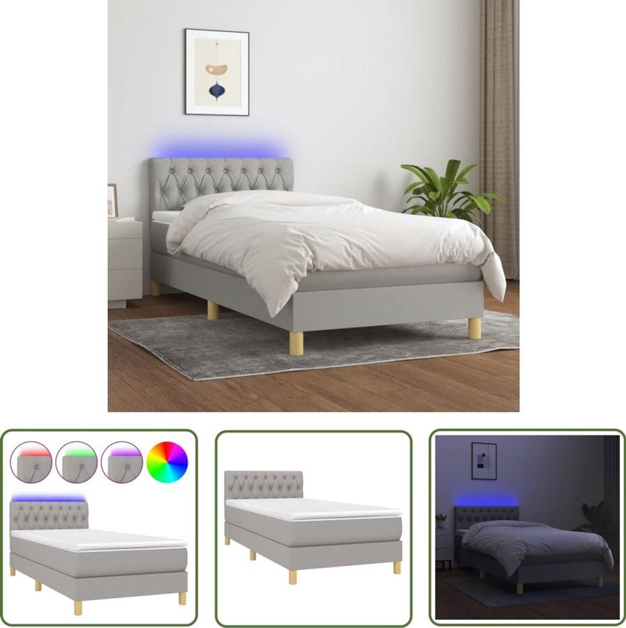 VidaXL Boxspring met matras en LED Lichtgrijs 90x200 cm Boxspring Led Bed Slaapcomfort Pocketed Spring Mattress Adjustable Headboard Bedroom Furniture Grijs Bed Design Bed - Foto 2